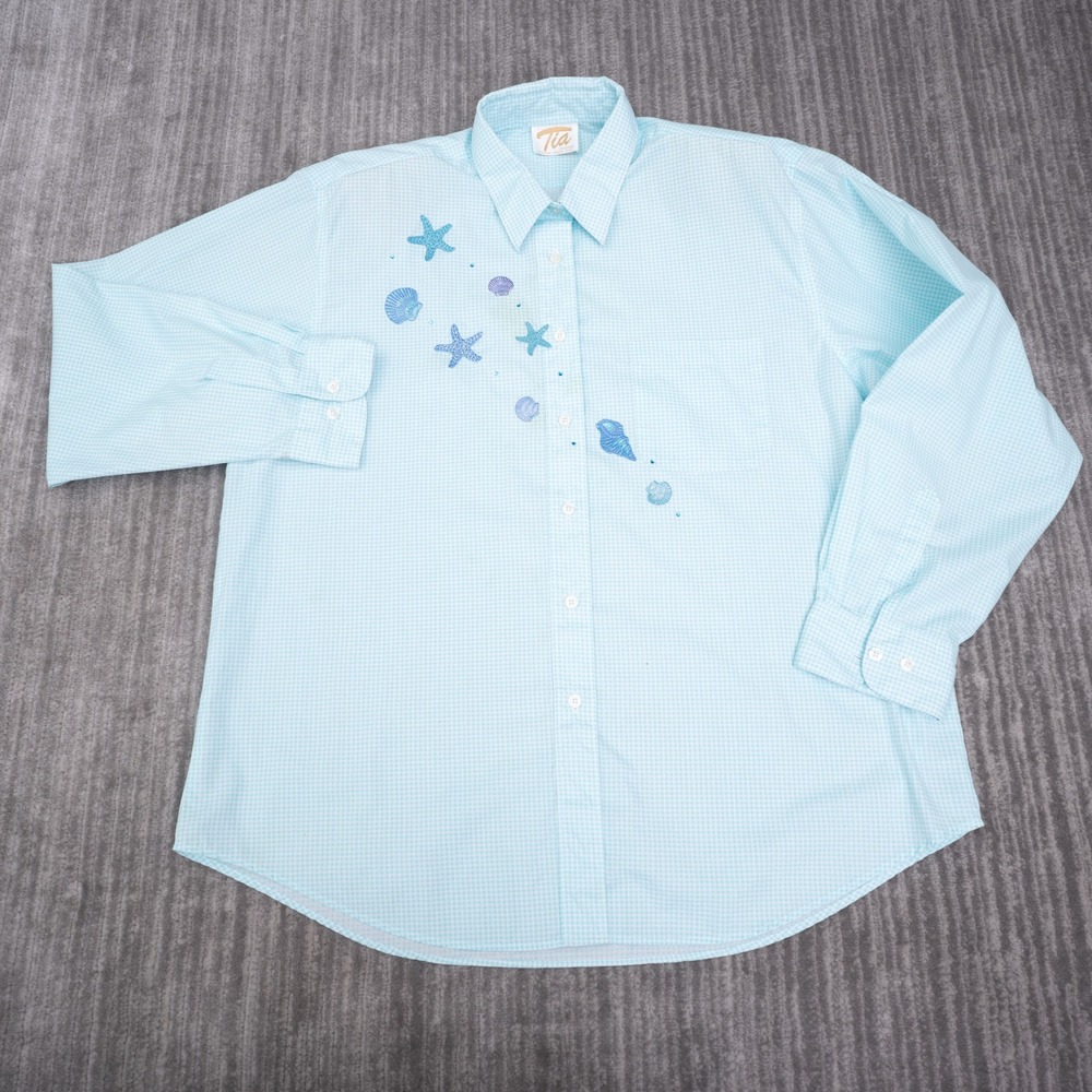 Tia Designs Button Up Shirt Womens XL Blue Gingham Shell Starfish Good Coastal